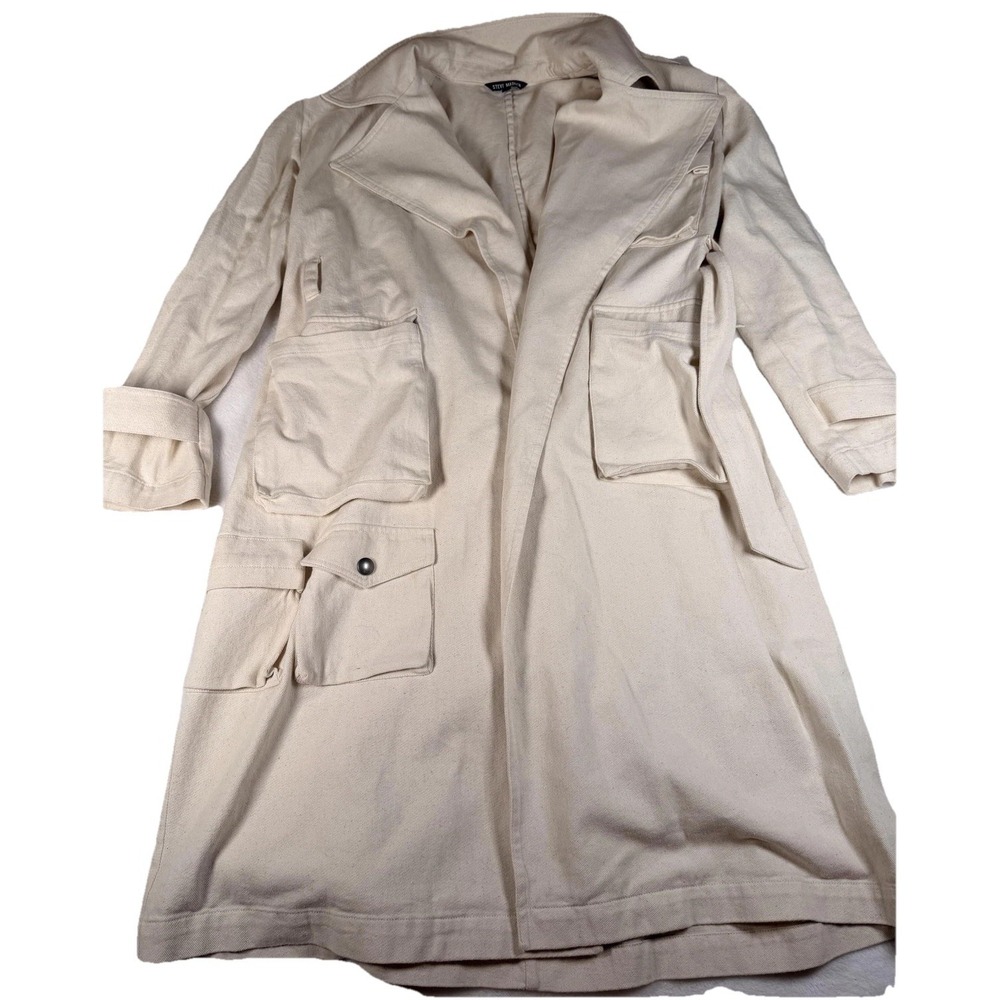Steve Madden Trench Coat Womens Medium White Cotton Belted Long Twill Pockets